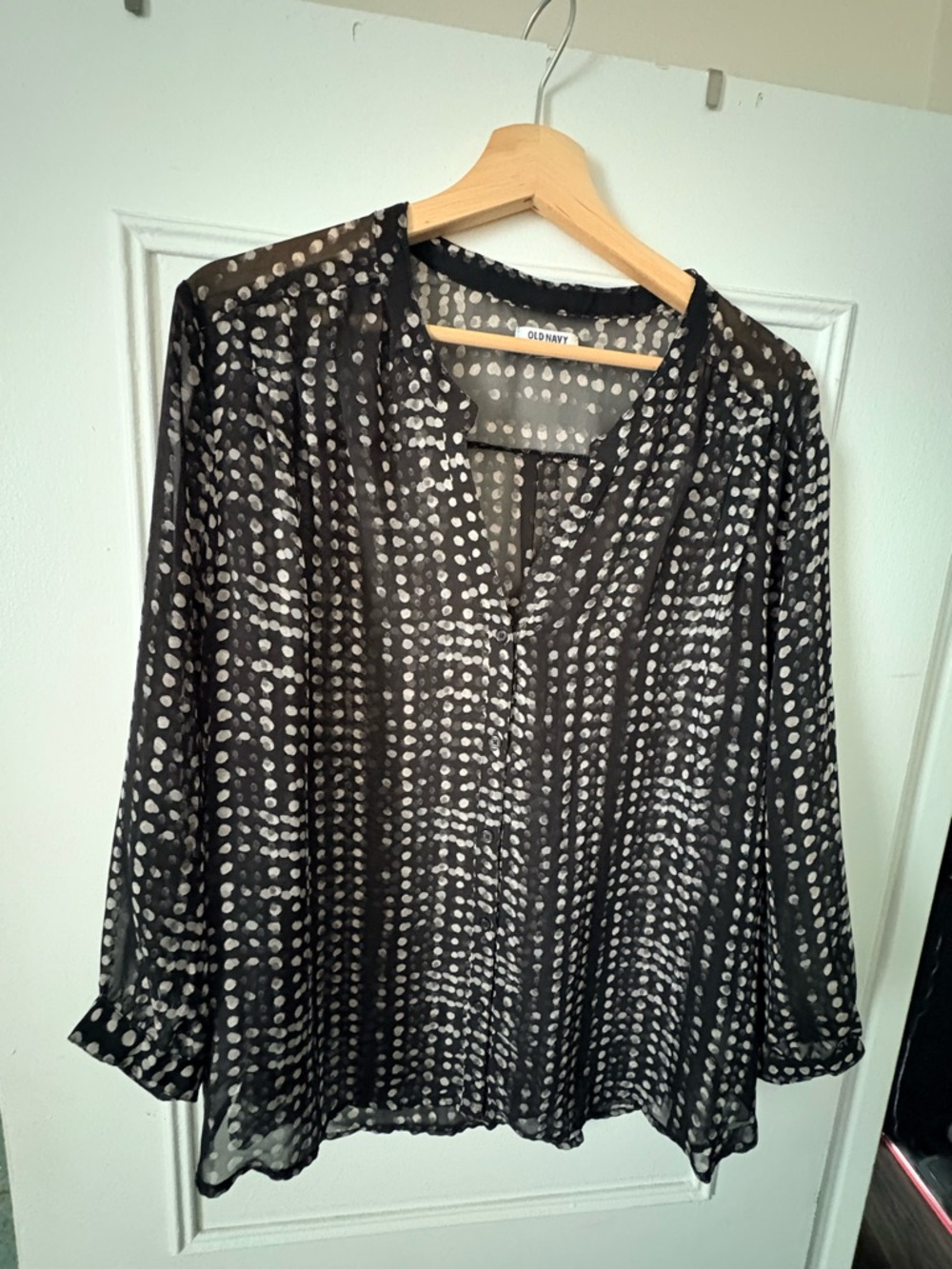 Old Navy Black White Dot-Stripe Sheer V-Neck Blouse